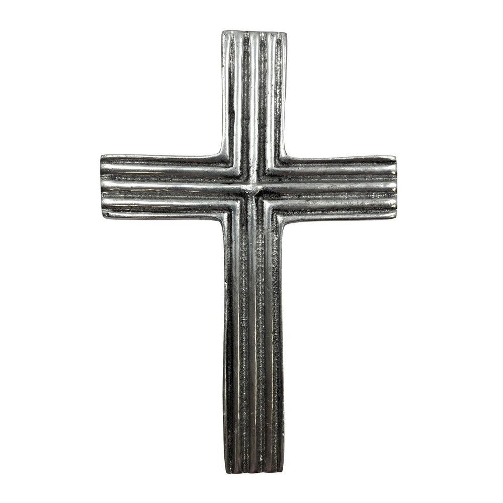 Vintage Cast Metal Ribbed Wall Cross Silver Tone Industrial Rustic Decor 6.75in